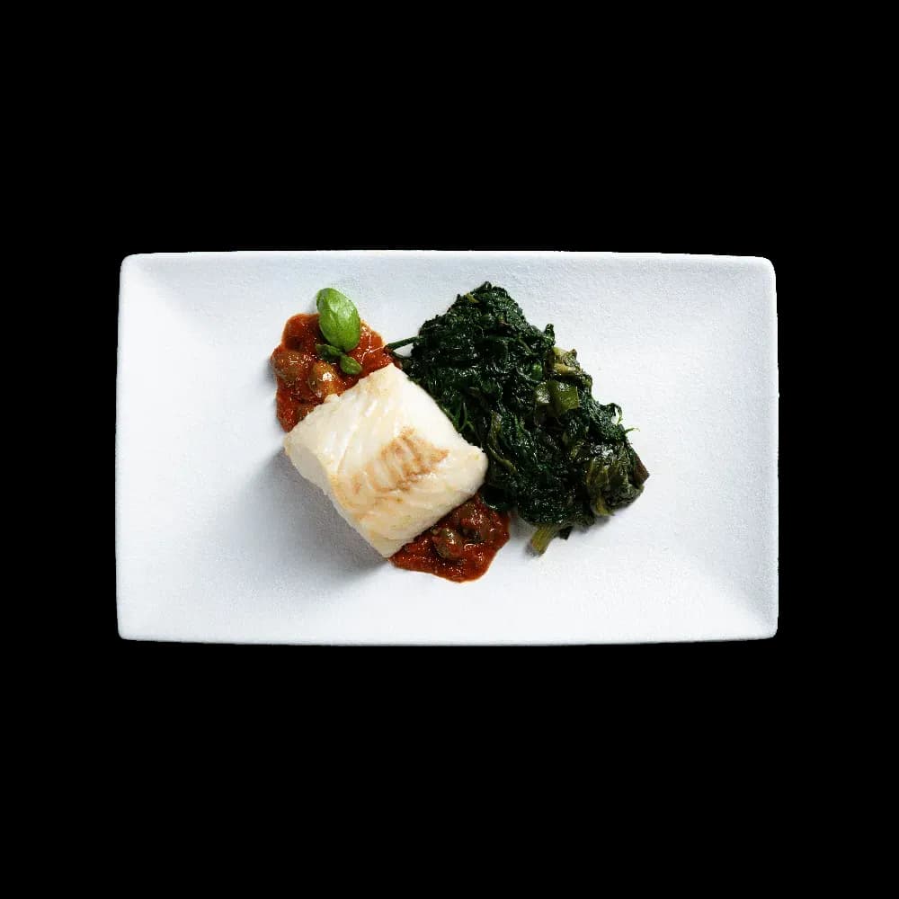 Eternal Sea — Merluzzo alla mediterranea con spinaci e coste. Chic Food Piatto Blue Zone.