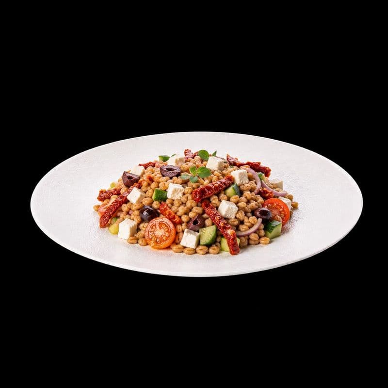 Greek-Style Farro Salad With Feta. Chic Food Traditional Italian Dish.