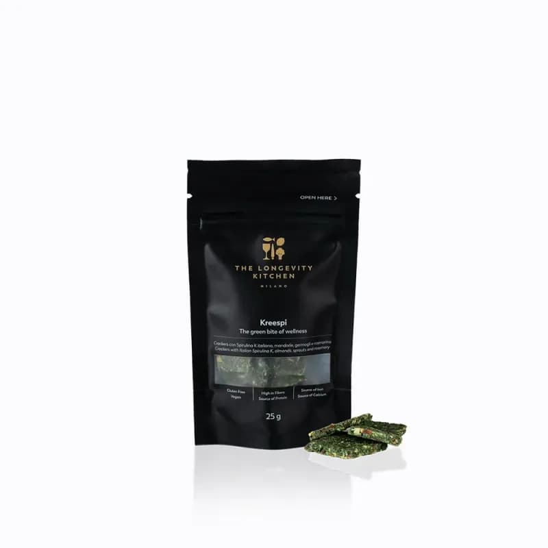 KREESPI — Cracker a base di spirulina e mandorle. Chic Food Functional Food.