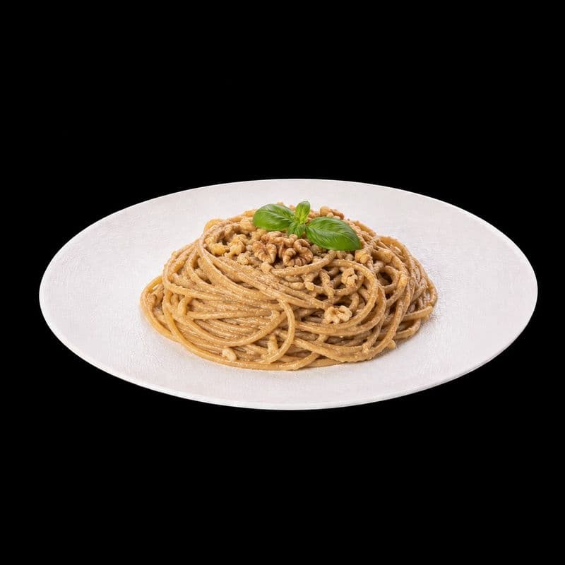 Wholewheat Spaghetti With Walnut Pesto. Chic Food Traditional Italian Dish.