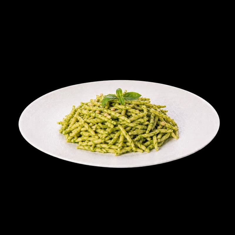 Trofie With Basil Pesto. Chic Food Traditional Italian Dish.